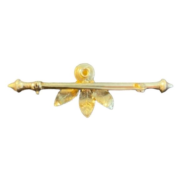 Vintage Bar Brooch Gold Tone Metal Bar Faux Pearl Pin Leaf Leaves Fall Autumn - Picture 2 of 3